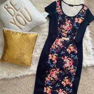 Medium Navy Blue Floral Dress with Gold Belt!